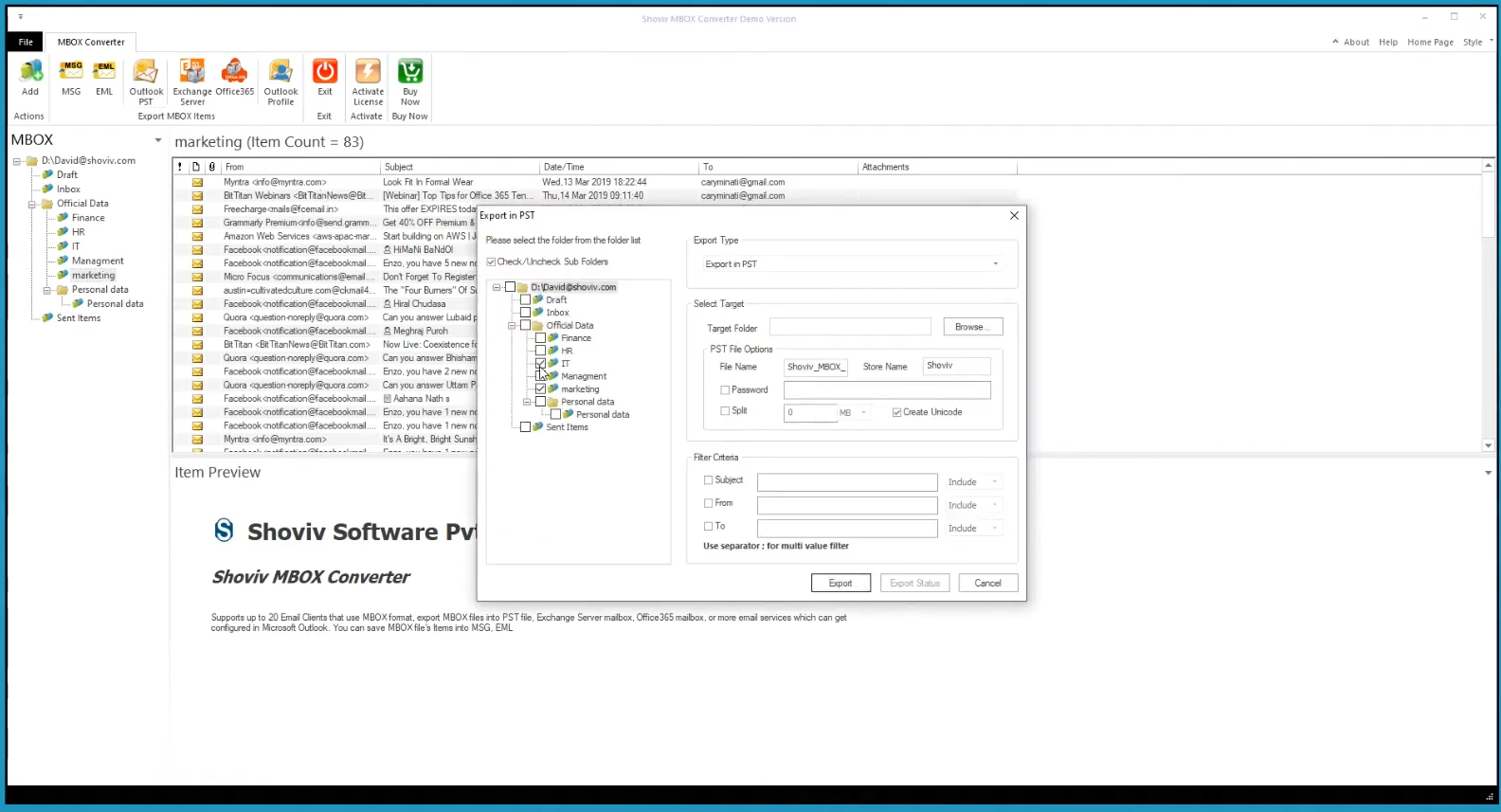 screenshot of Shoviv MBOX to PST Converter
